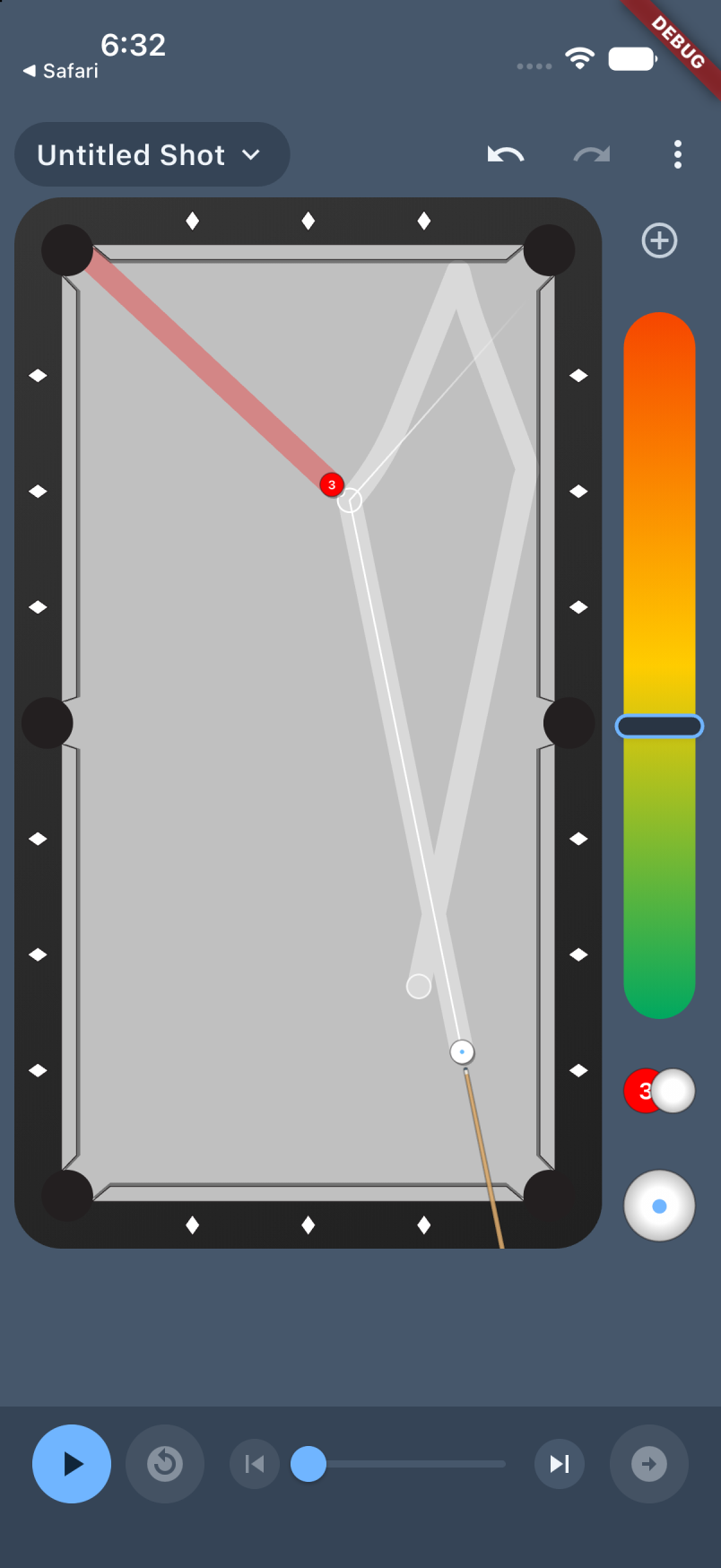 Billiard Shot Studio 3.0 shot editor with a gray pool table, ball paths, aiming cue, speed slider, and spin control