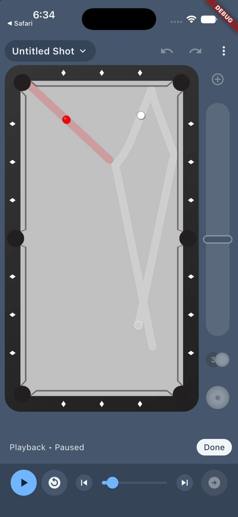 Billiard Shot Studio 3.0 paused playback showing the cue ball and object ball after contact, with a scrubber and previous and next frame buttons