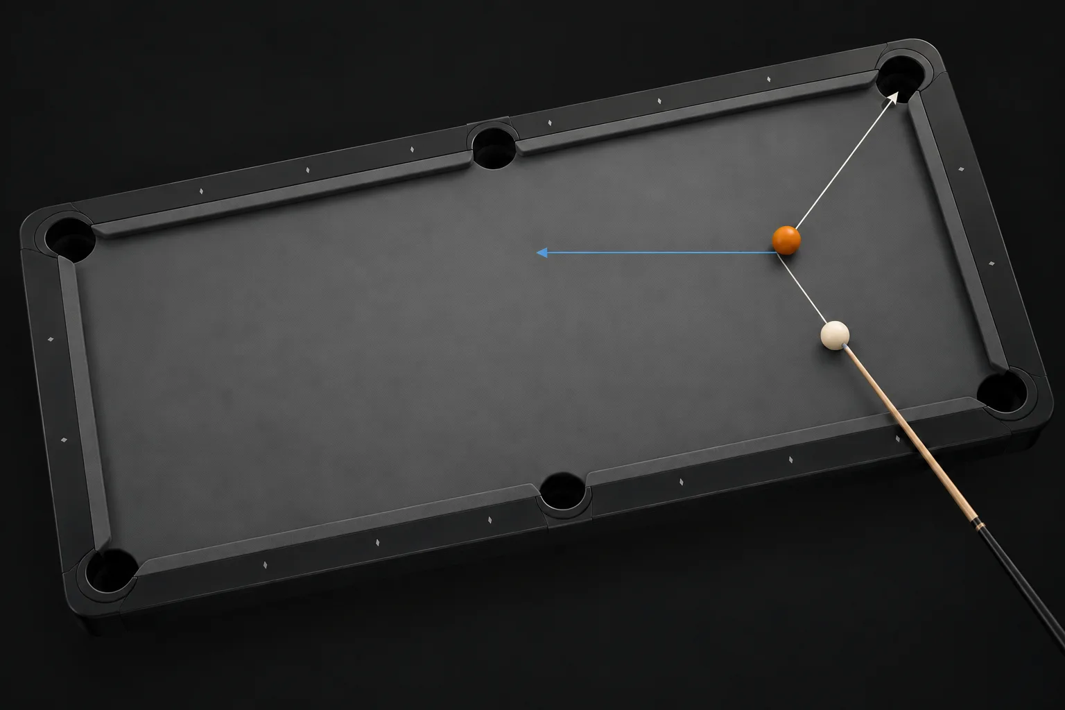 Illustrated gray pool table with a cue ball, an orange object ball, and paths showing a cut shot