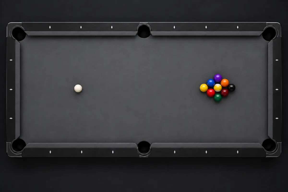 Nine-ball break setup illustration with a white cue ball and a tight diamond rack on a gray table