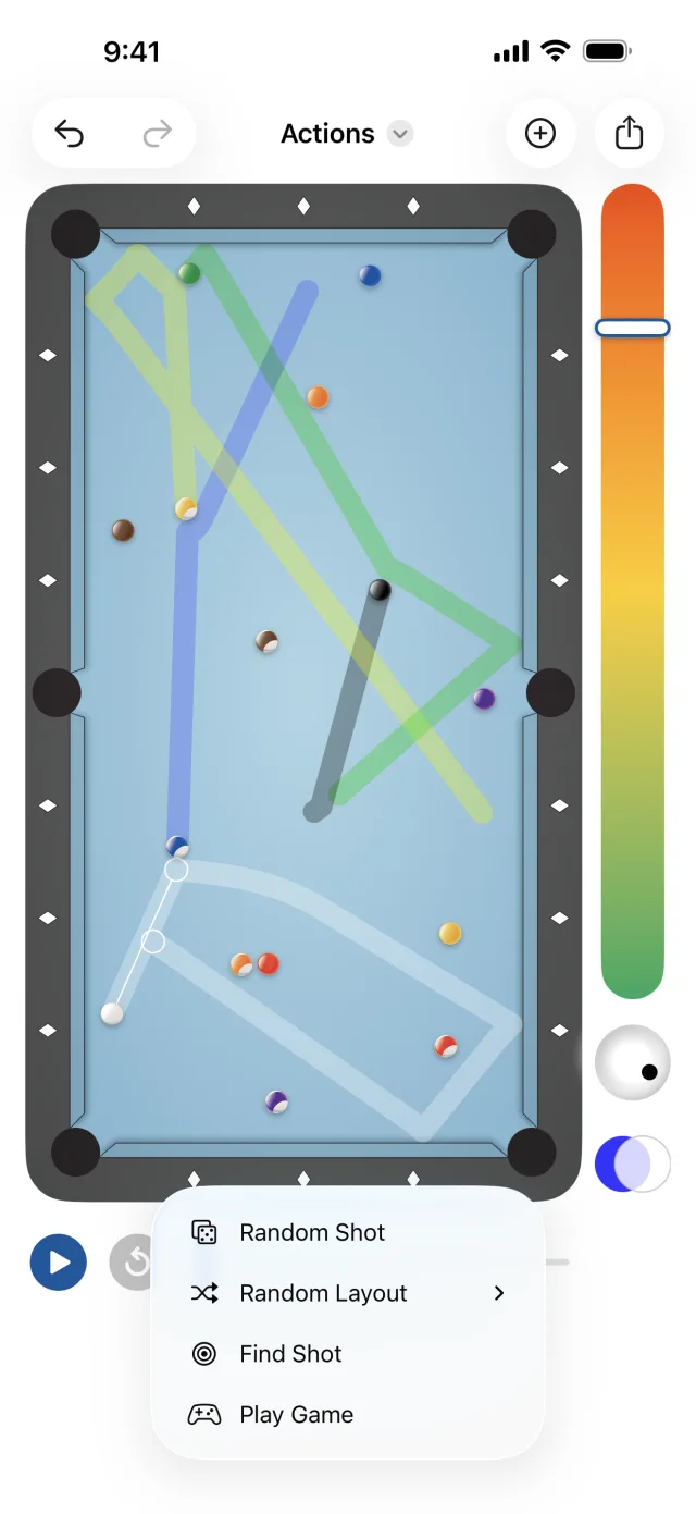 Pool table simulator showing colored ball paths for a random layout, with the Actions menu open: Random Shot, Random Layout, Find Shot, and Play Game