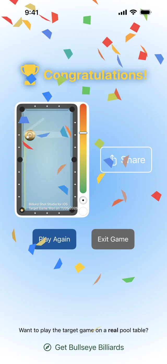 Target Game win screen with a shareable shot card and Play Again button
