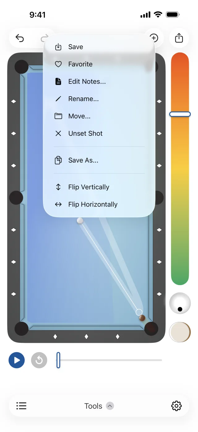 Saved shot menu with options to save, favorite, edit notes, rename, move, and flip a pool shot vertically or horizontally