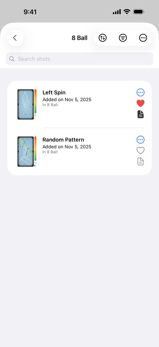 Shot Library showing an 8 Ball collection with saved shots, favorites, notes, and search