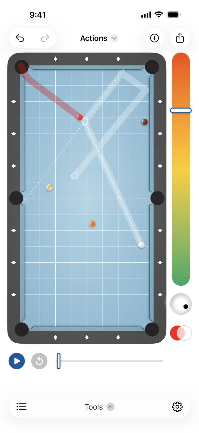 Aiming a cut shot on the practice grid with the tangent line and the object ball path into the corner pocket