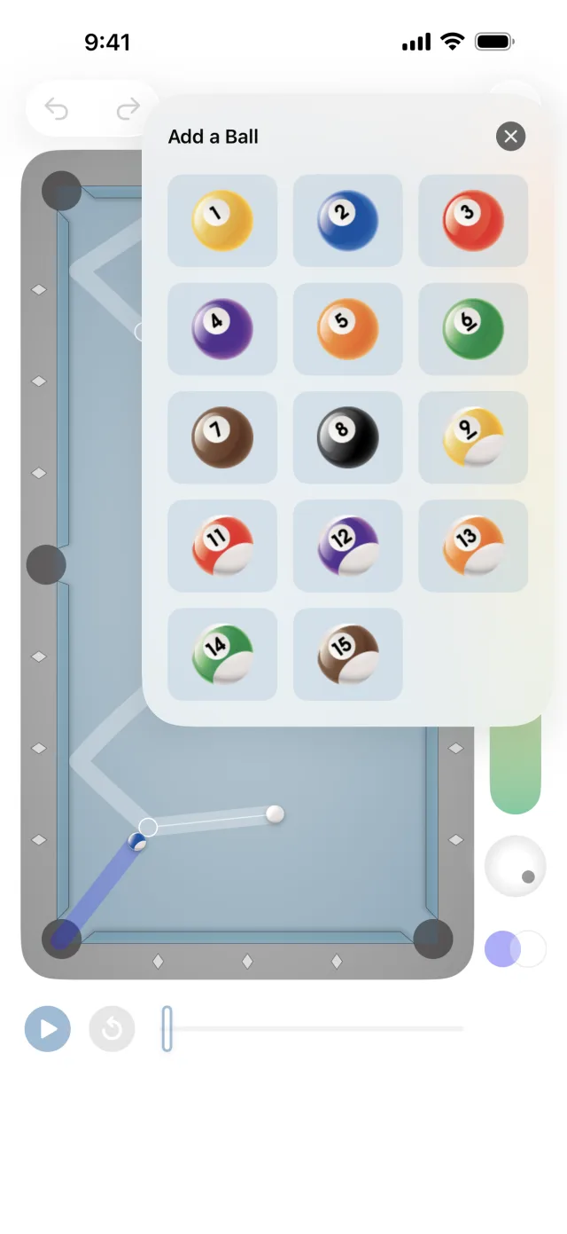 Add a Ball picker in the shot designer with all fifteen solid and striped billiard balls