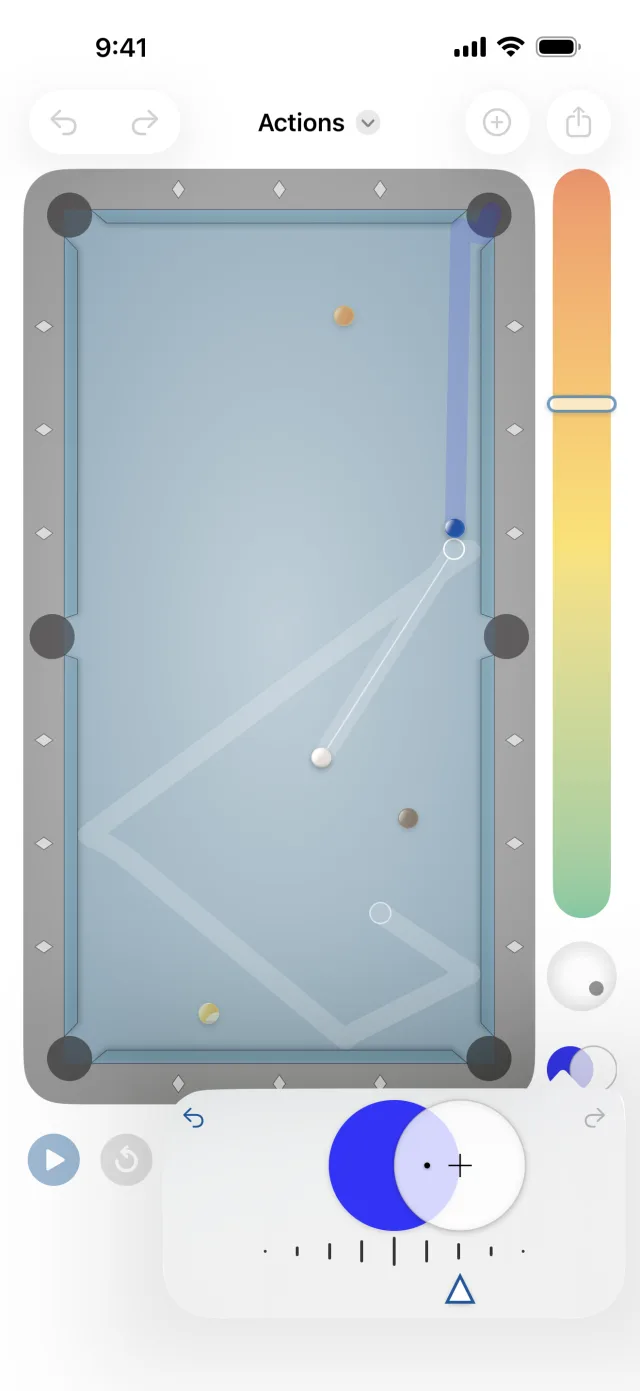 Fine-tuning cue tip position to add spin and steer the cue ball path along the rail