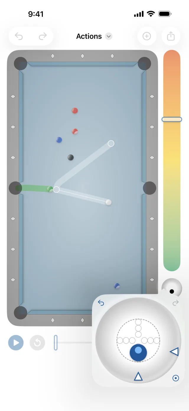 Tip position wheel adding spin so the cue ball rolls off the tangent line after pocketing a ball in the side pocket