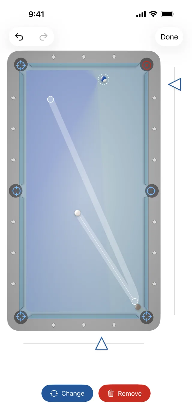 Find a Shot mode: placing a target on the table so the app computes the best shot and cue ball path