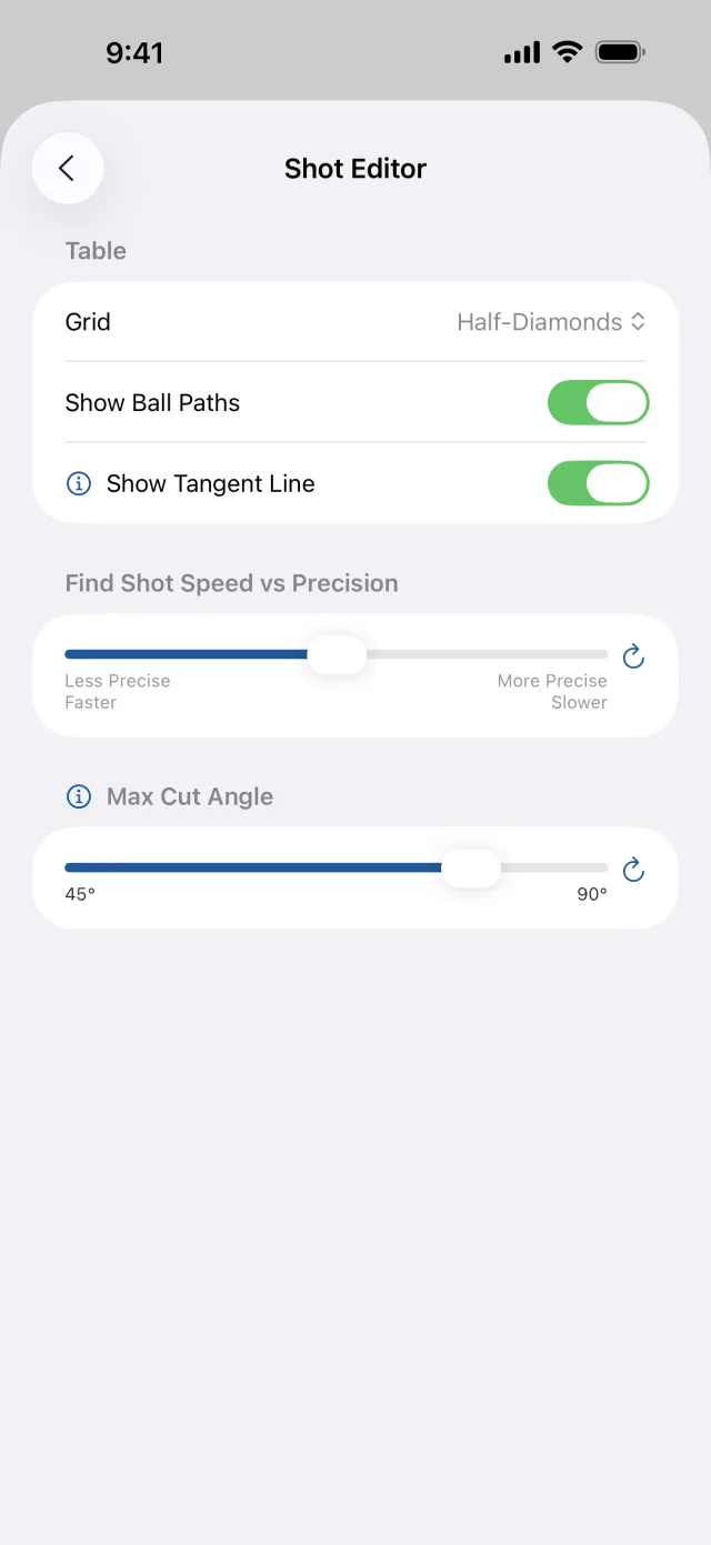 Shot Editor settings for the table grid, ball paths, tangent line, Find a Shot precision, and max cut angle